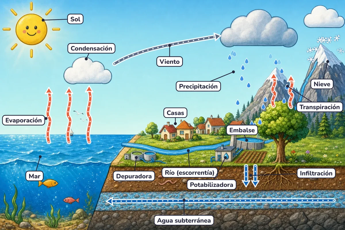 Dibujo del ciclo del agua con nombres: evaporación, condensación, precipitación, escorrentía, infiltración y transpiración