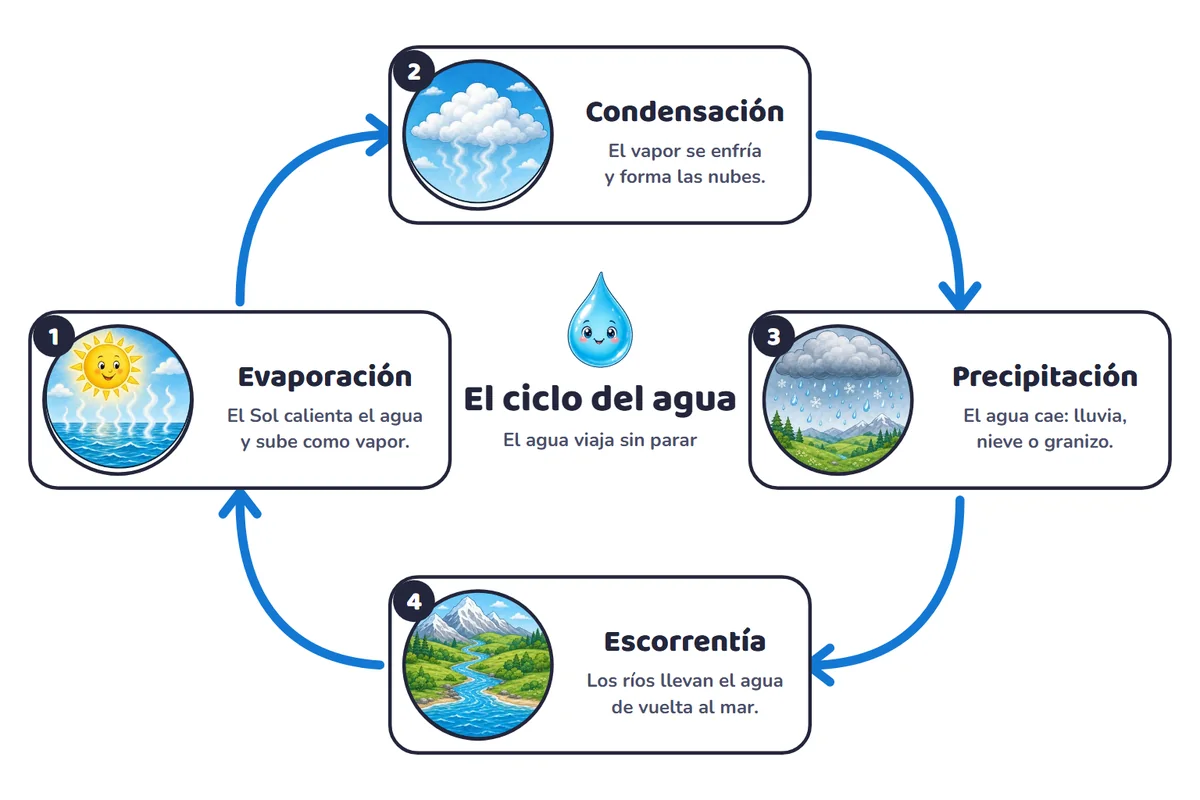 Esquema del ciclo del agua con sus cuatro fases: evaporación, condensación, precipitación y escorrentía