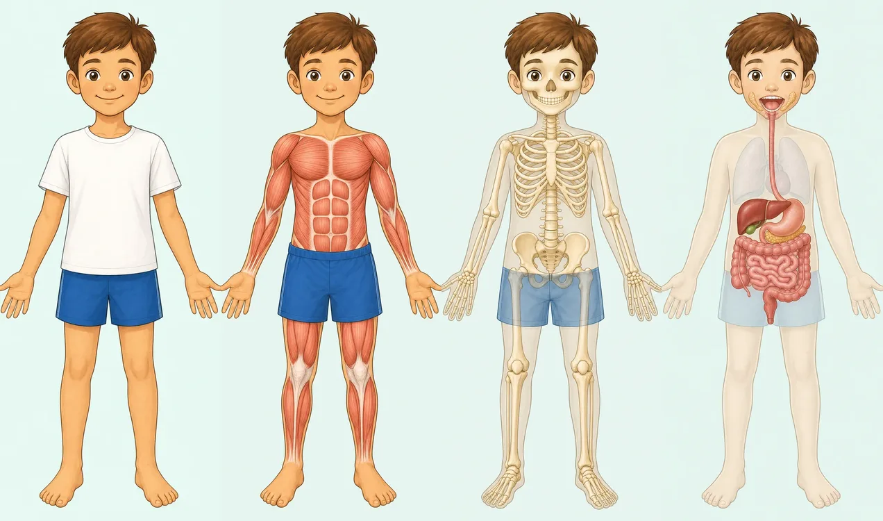 Dibujo del cuerpo humano de un niño por capas: la piel, los músculos, el esqueleto y los órganos