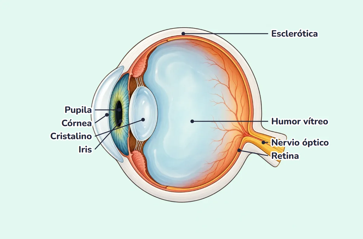 Dibujo del ojo por dentro, en corte, con el nombre de sus partes: córnea, iris, pupila, cristalino, humor vítreo, retina, nervio óptico y esclerótica
