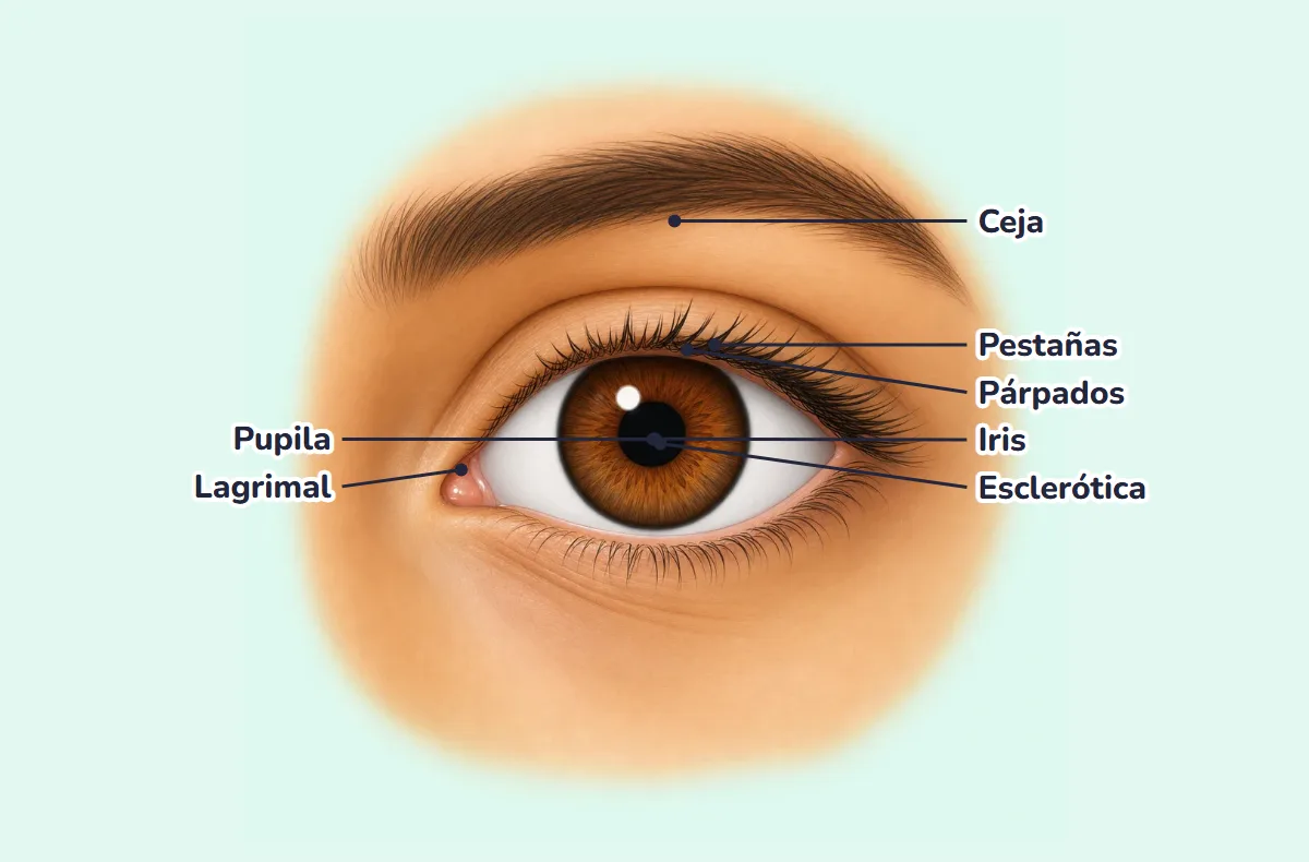 Dibujo de un ojo por fuera con el nombre de sus partes: ceja, párpados, pestañas, lagrimal, esclerótica, iris y pupila