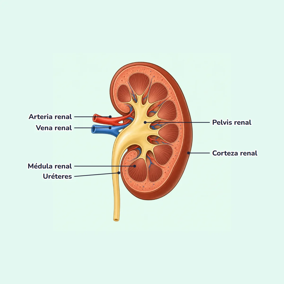 Dibujo del riñón por dentro con el nombre de sus partes: corteza renal, médula renal, pelvis renal, uréter, arteria renal y vena renal