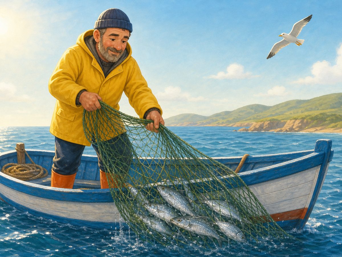 Pescador en una barca sacando del mar una red con peces