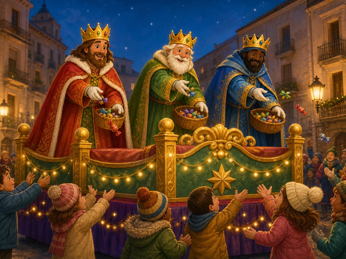 Cabalgata de Reyes: tres reyes magos en una carroza lanzan caramelos a los niños por la noche