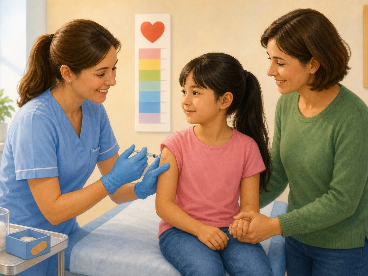 Una enfermera pone una vacuna a una niña en el centro de salud mientras su madre le da la mano