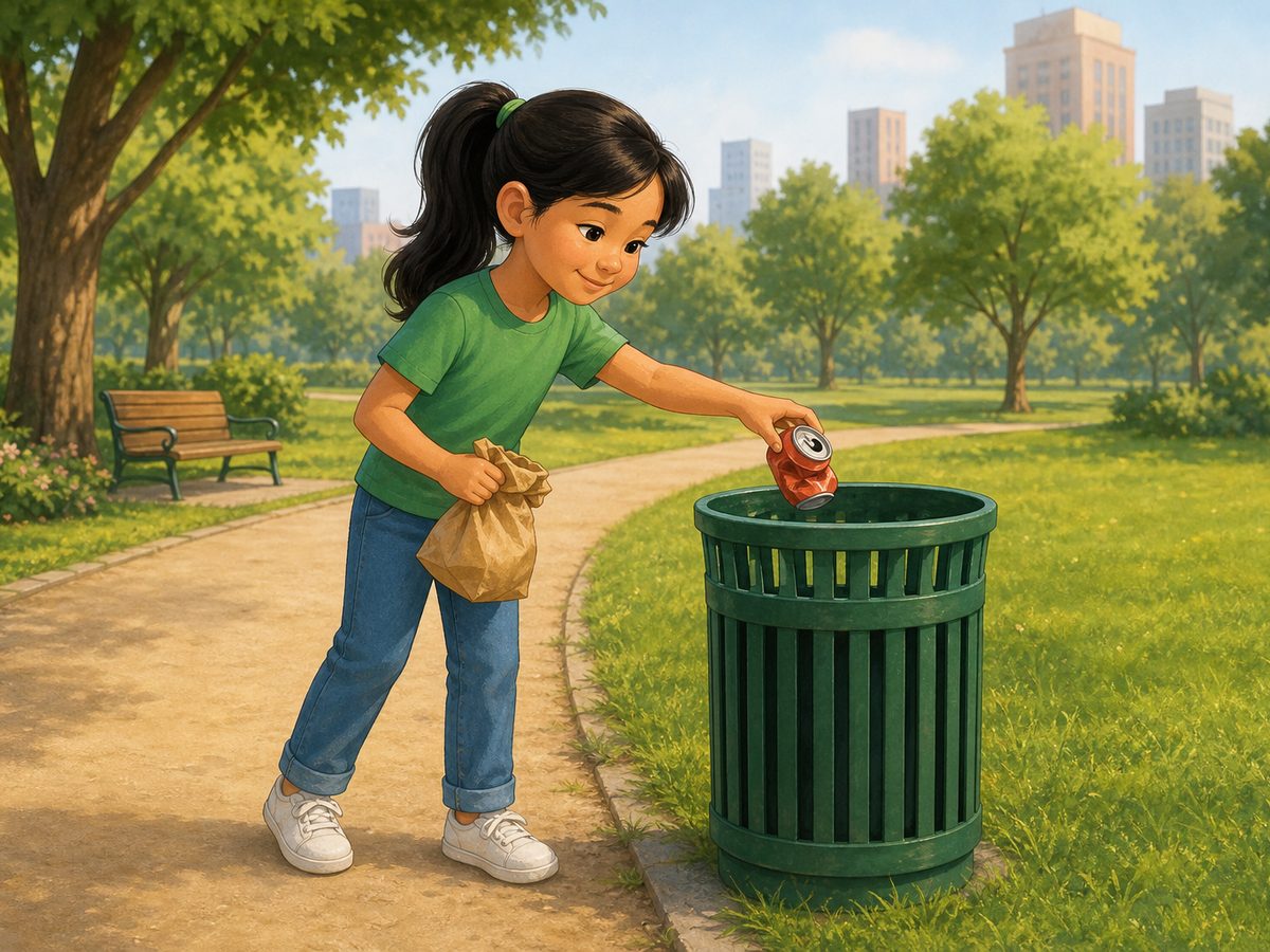 Marta, en el parque, tira una lata vacía a la papelera