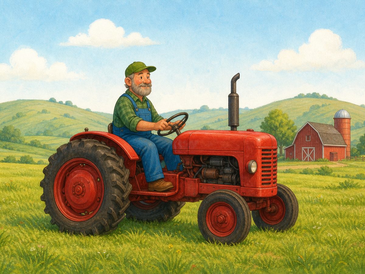 Un granjero conduce un tractor rojo por un campo verde