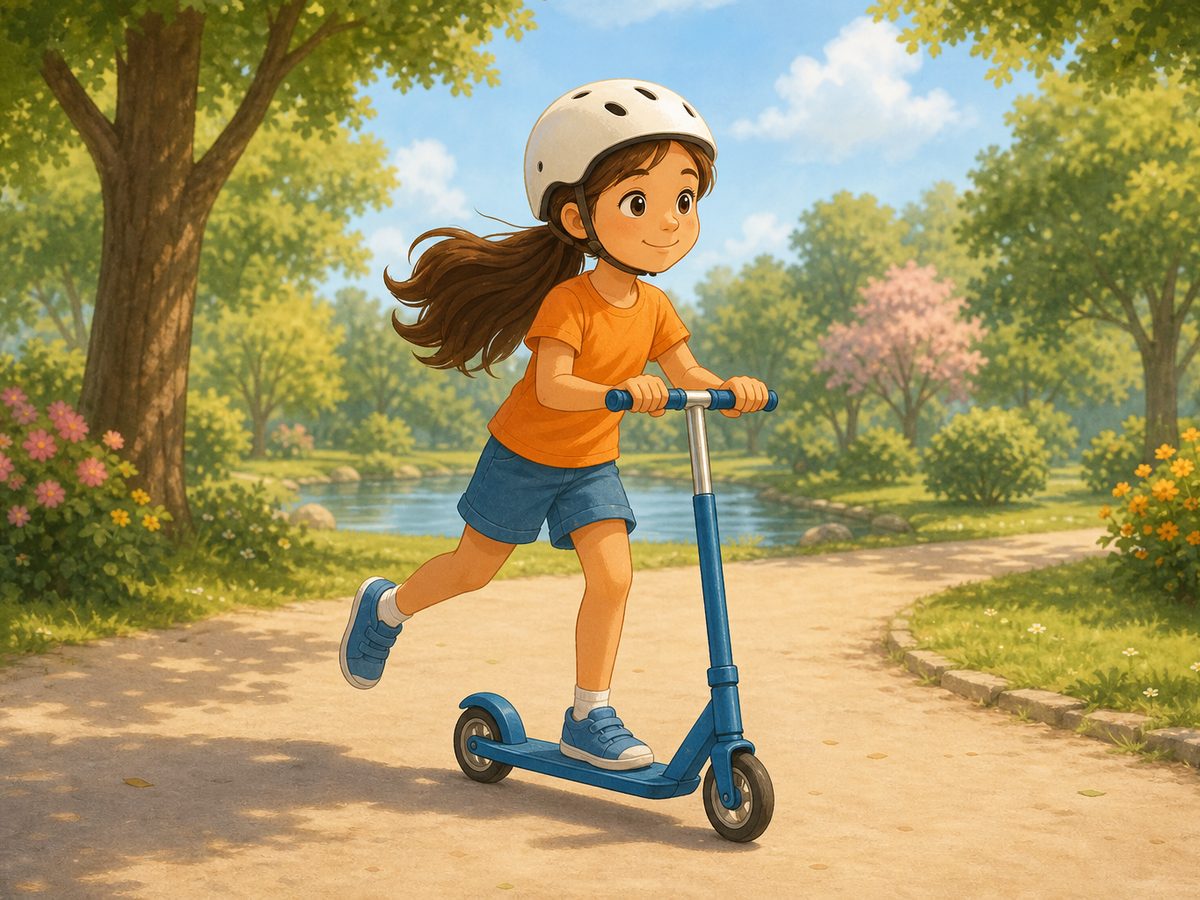 Lola, una niña con casco blanco, monta en patinete por un parque