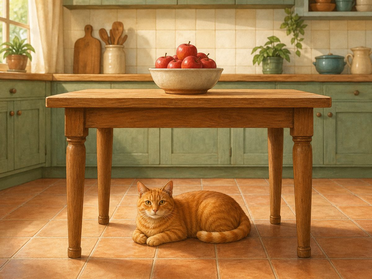 Cocina con una mesa de madera y un gato naranja tumbado en el suelo debajo de la mesa