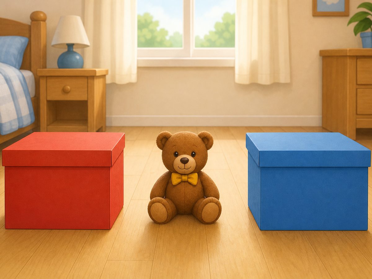 Osito de peluche sentado en el suelo entre una caja roja y una caja azul