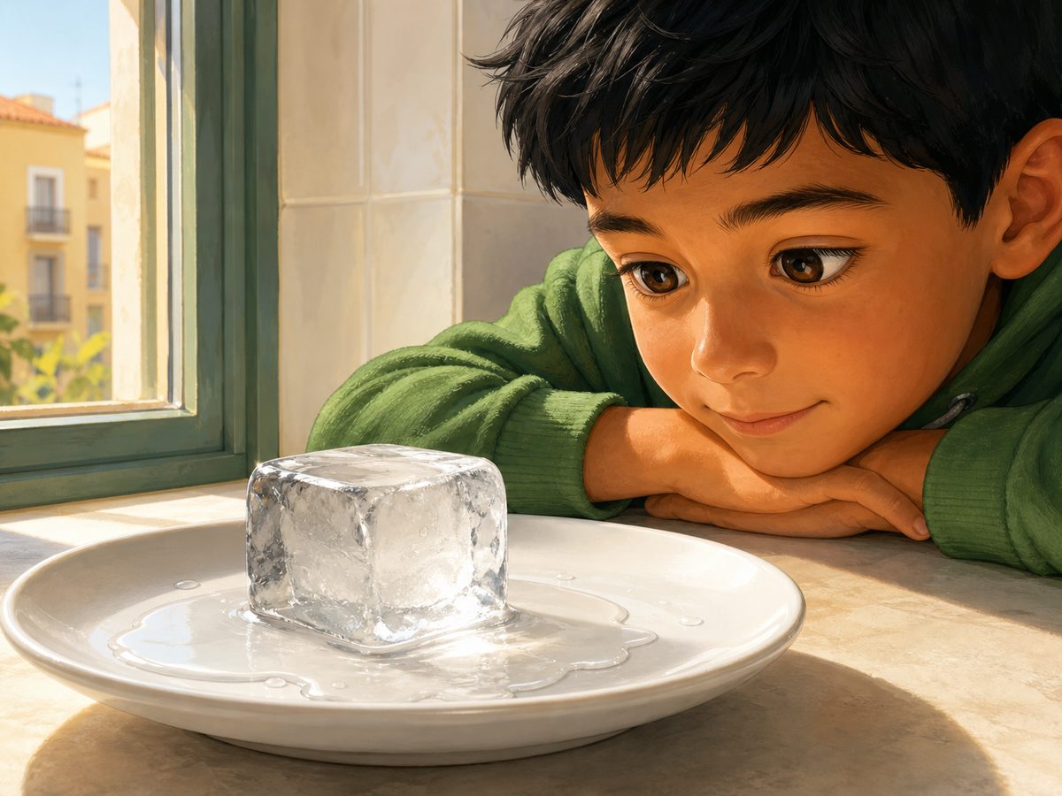 Cubito de hielo derritiéndose al sol en un plato, rodeado de agua líquida, y un niño observándolo