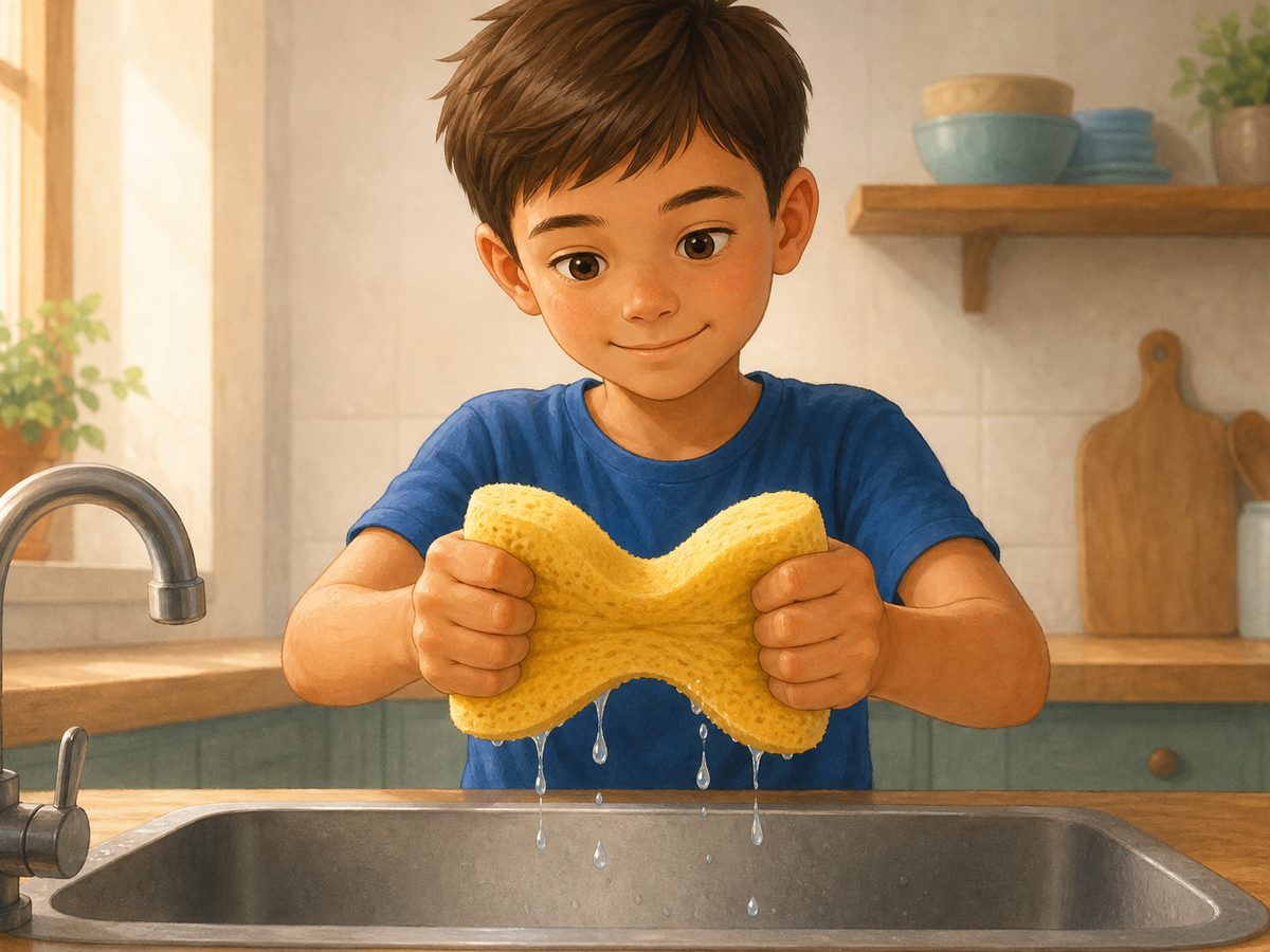 Un niño aprieta con las dos manos una esponja amarilla, que se aplasta y cambia de forma
