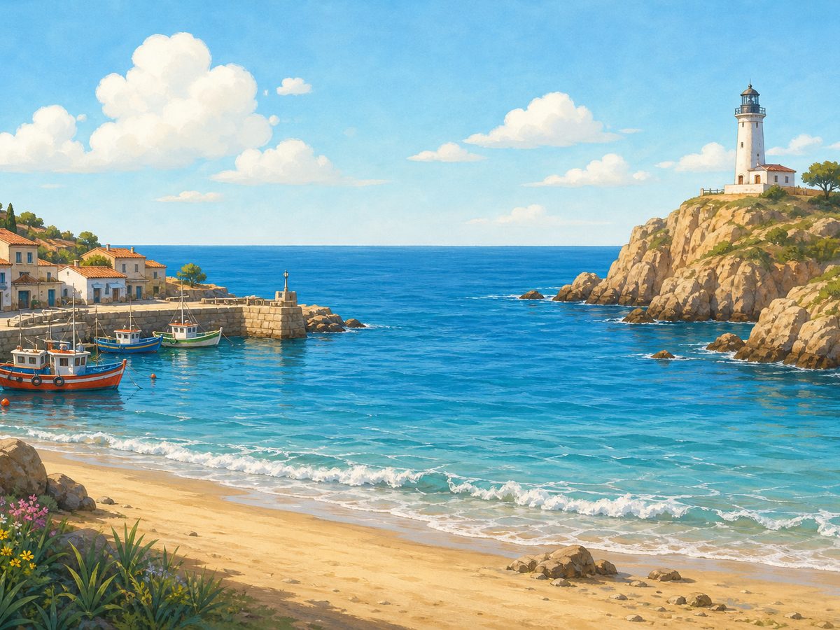 Paisaje con una playa, el mar, acantilados con un faro y un pequeño puerto con barcas