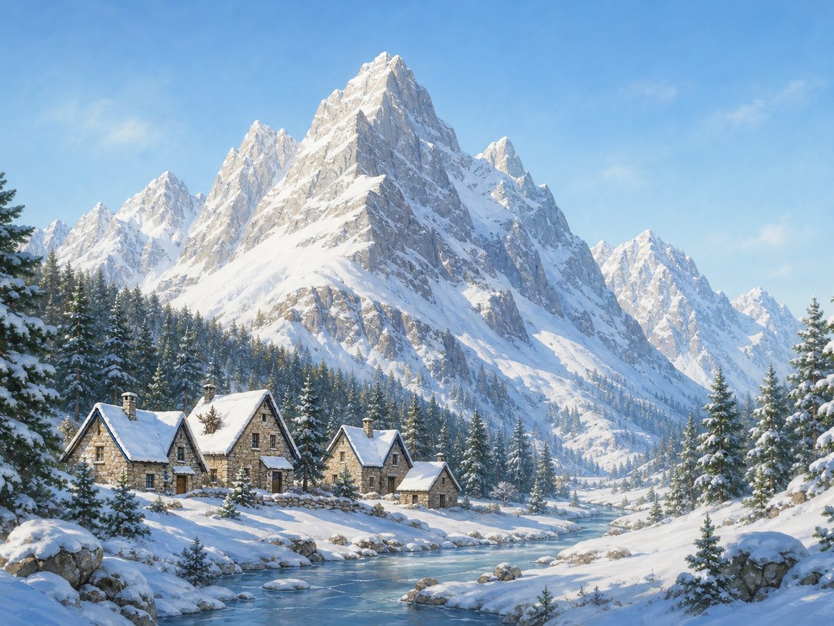 Montañas muy altas con las cumbres nevadas, bosques de abetos y casas de piedra con tejados inclinados cubiertos de nieve