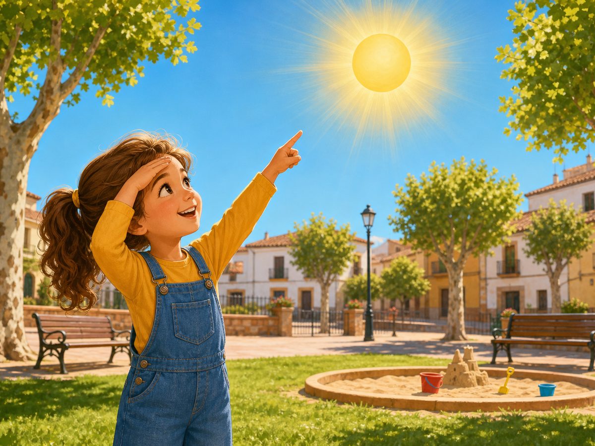 Niña en un parque señalando el sol que brilla en el cielo azul