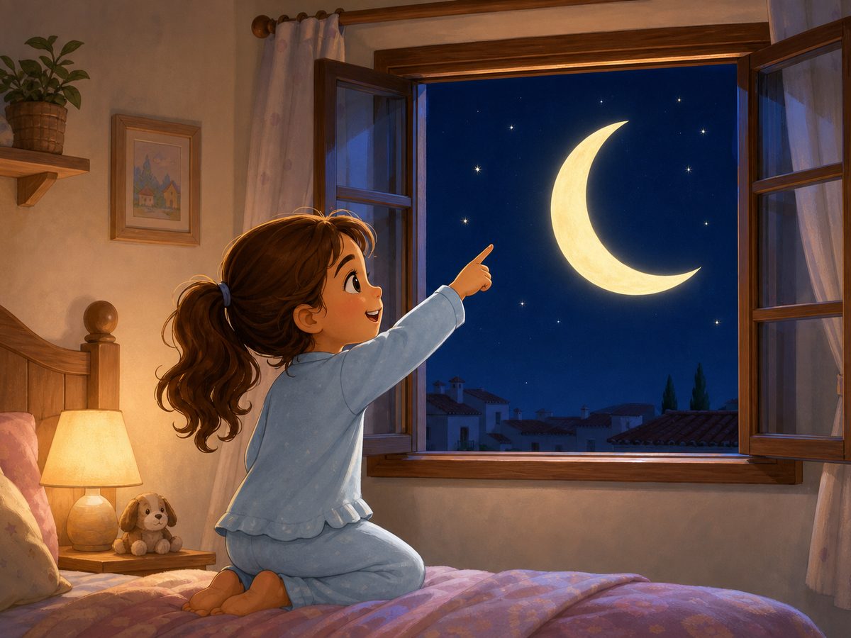Niña en pijama señalando por la ventana la luna en el cielo de noche
