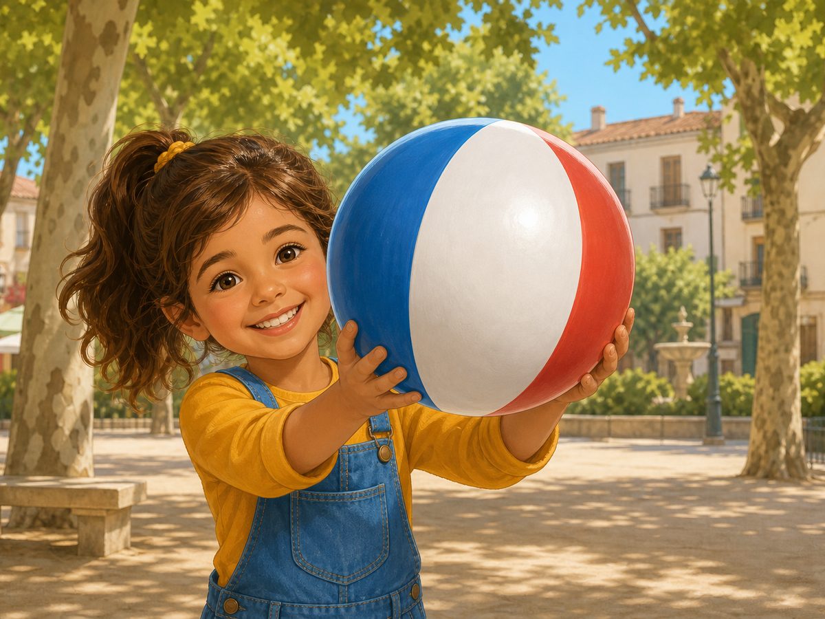 Niña sonriente enseñando con las dos manos un objeto redondo de colores