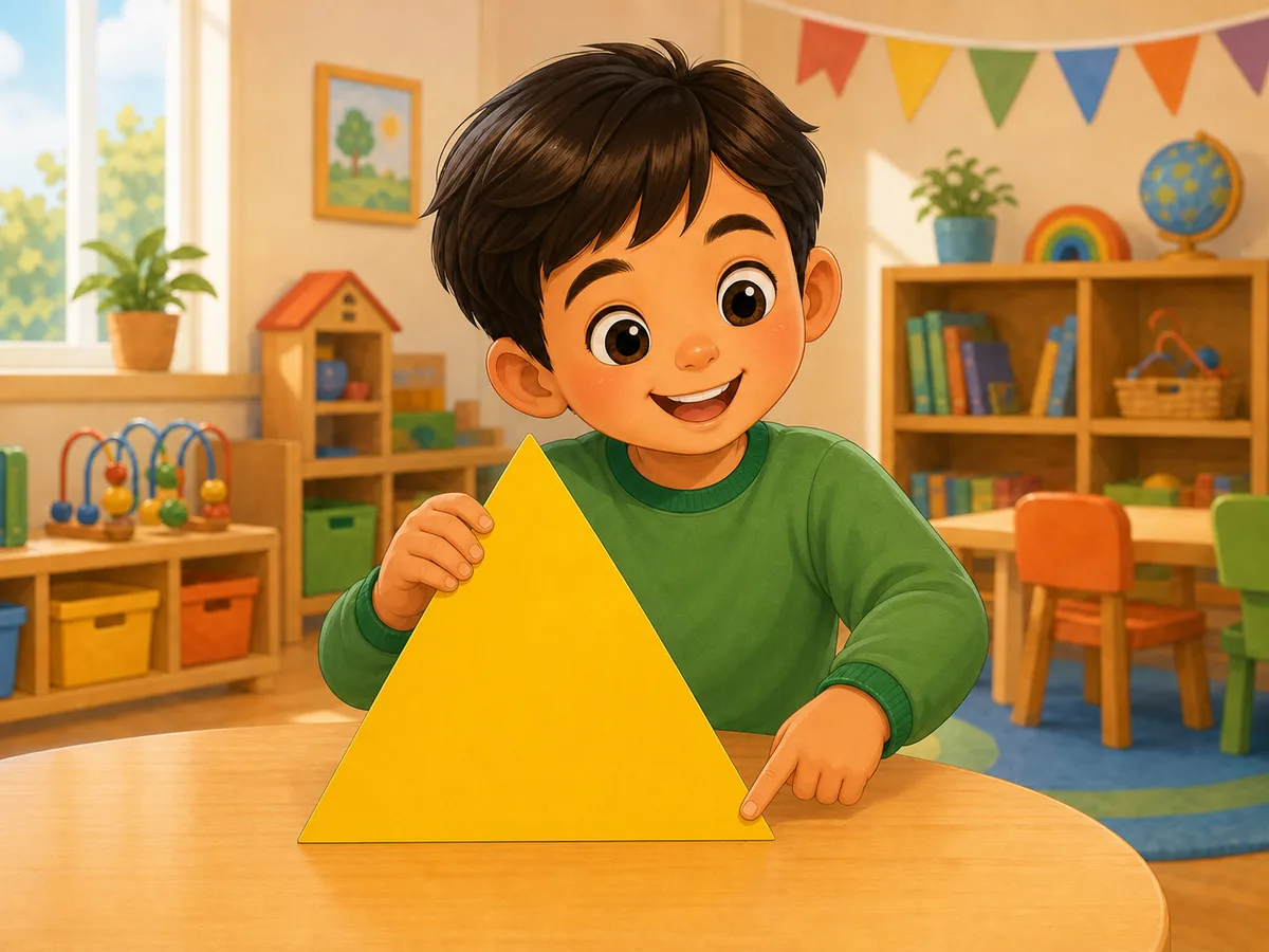 Niño señalando un triángulo amarillo con tres lados