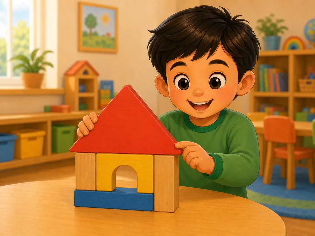 Niño construyendo una casita con tejado triangular rojo