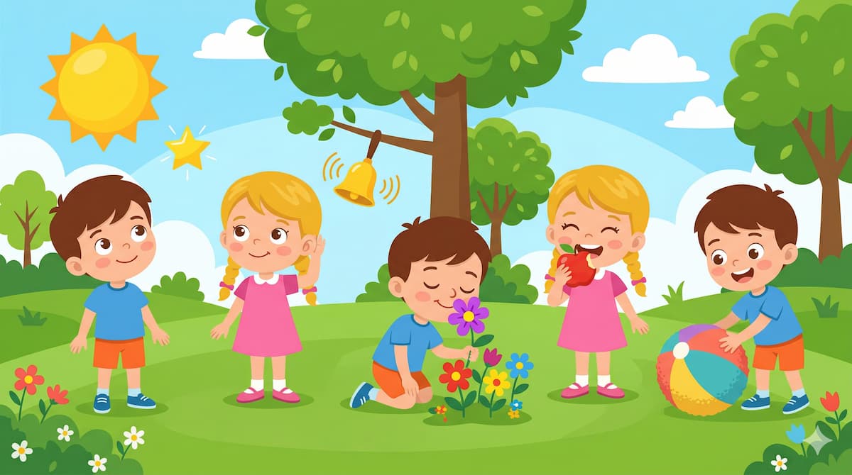 Niños usando los cinco sentidos