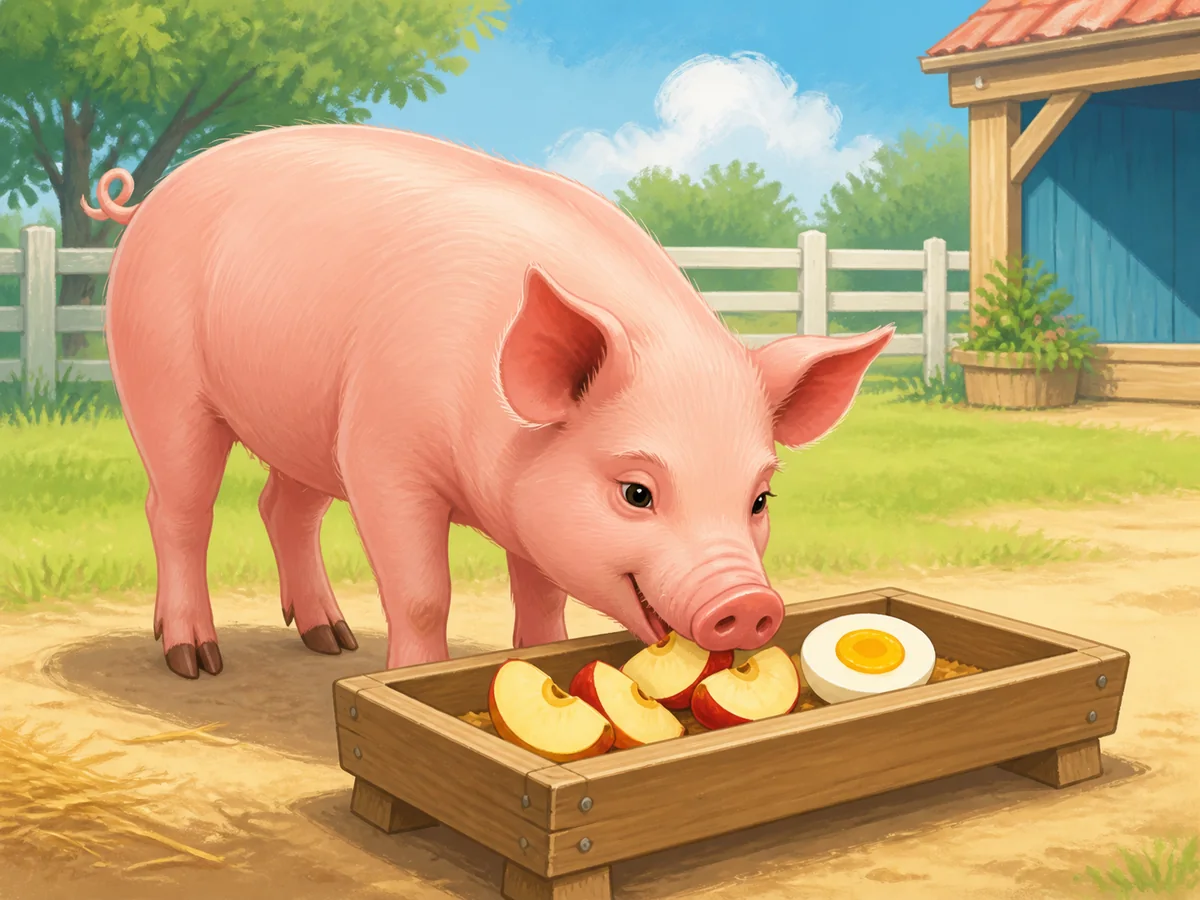 Cerdo comiendo trozos de manzana y huevo cocido en un comedero