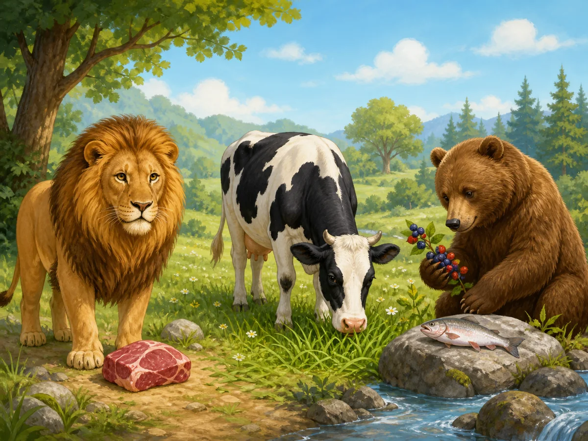 León junto a carne, vaca comiendo hierba y oso con bayas y pescado