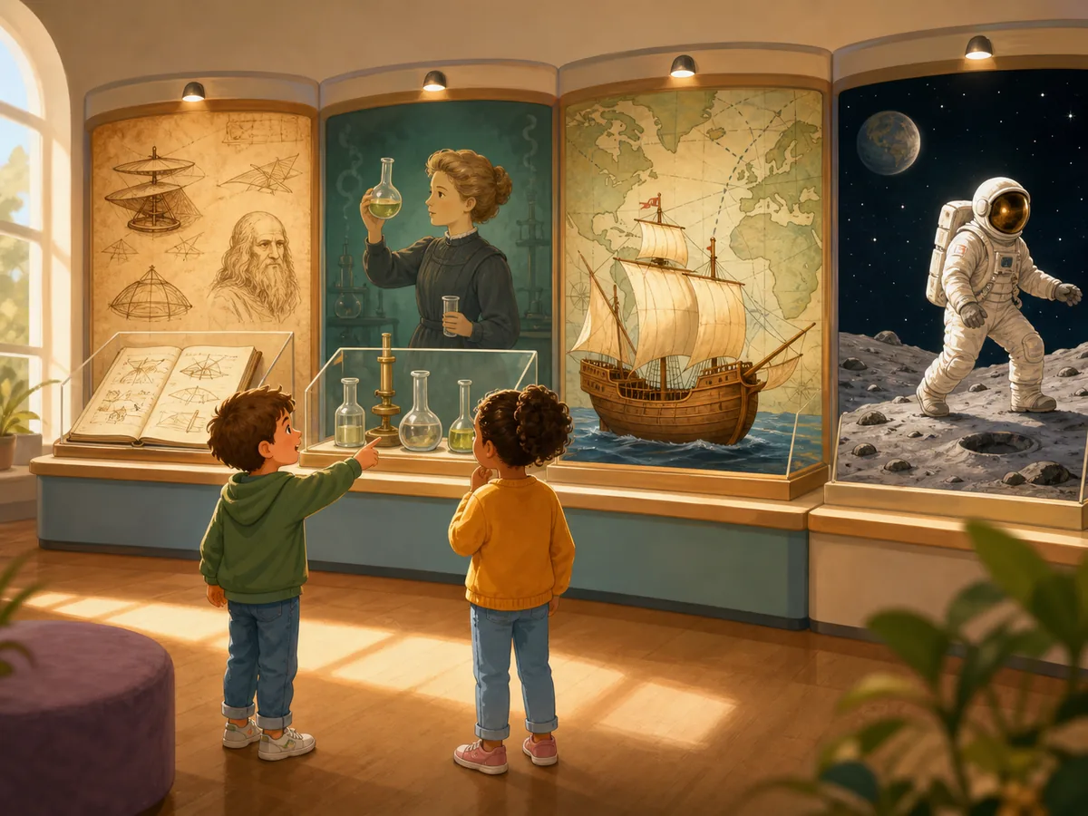 Dos escolares observan un museo con inventos, un laboratorio, una carabela y una misión lunar