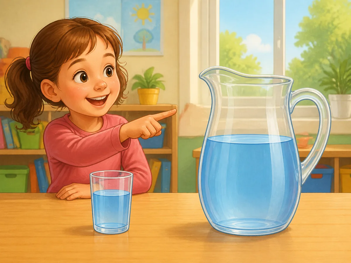 Escolar compara la capacidad de un vaso pequeño y una jarra grande