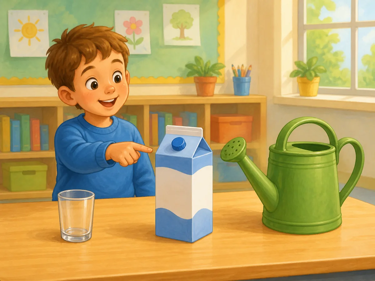 Escolar compara un vaso un cartón de leche y una regadera