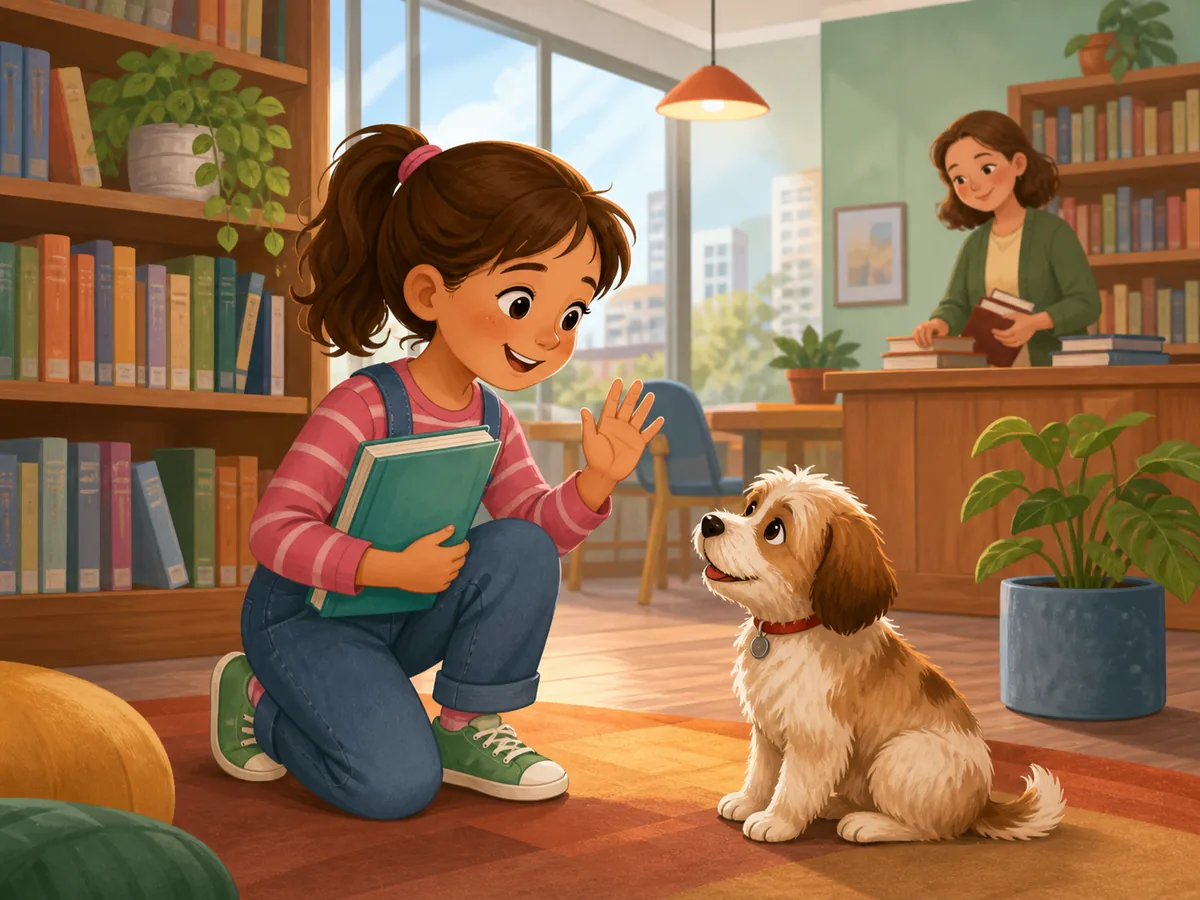 Laura saluda a su perro Luna en una biblioteca escolar