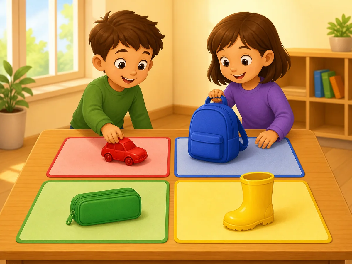 Children sorting a red toy car, blue backpack, green pencil case and yellow boot by colour