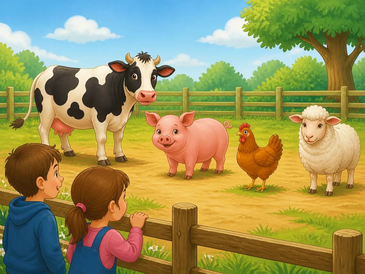 A cow, a pig, a hen and a sheep in a farmyard while two children observe them
