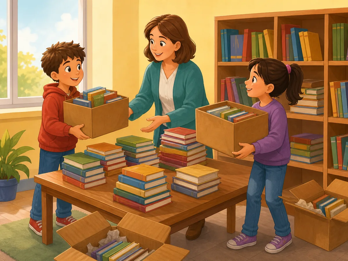Escolares y una profesora añaden cajas de libros a una colección escolar