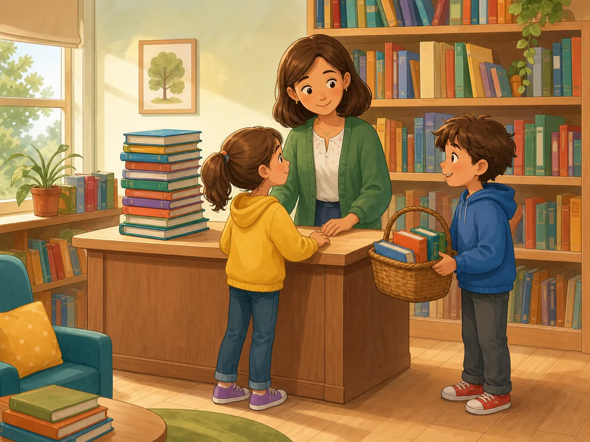 Bibliotecaria y escolares separan libros prestados de los que permanecen en la biblioteca