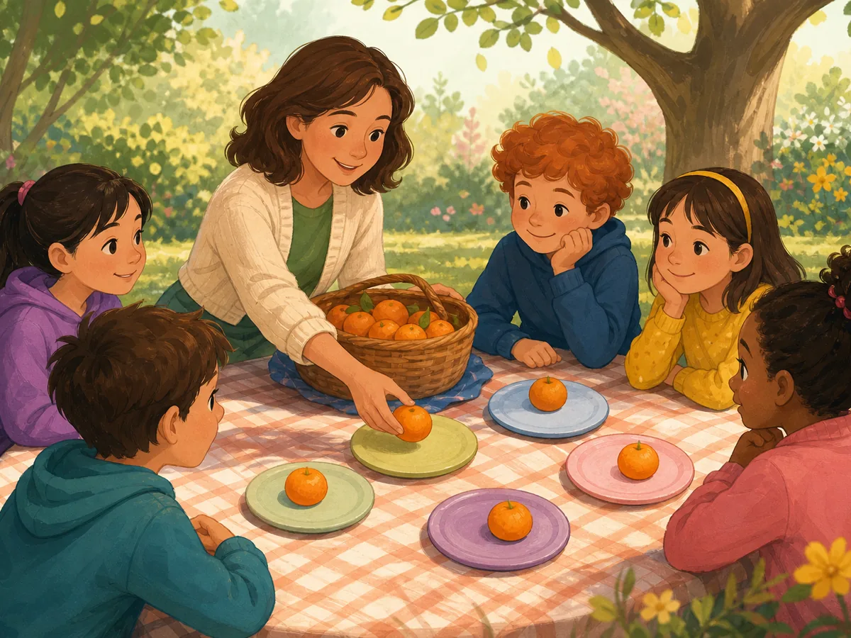 Docente reparte mandarinas por igual entre cinco escolares durante un picnic
