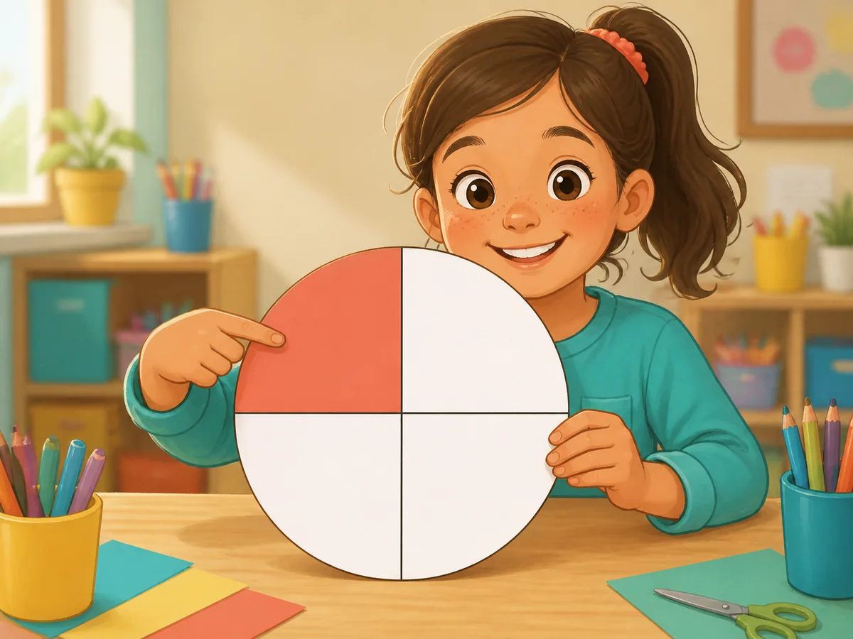 Niña señalando una de las cuatro partes iguales coloreadas de un círculo