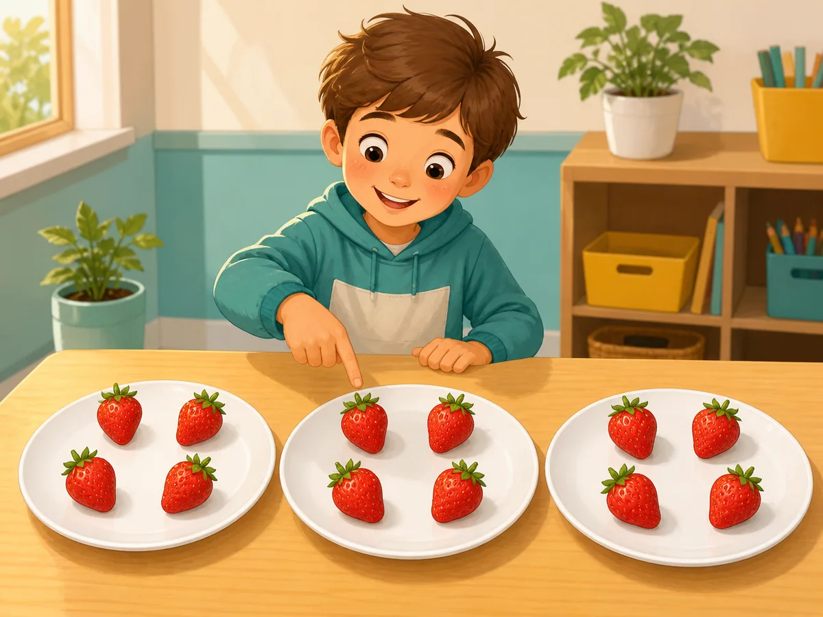 Doce fresas repartidas por igual en tres platos con cuatro fresas en cada uno