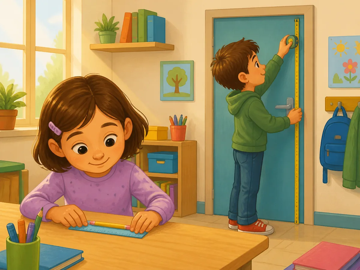 Escolares miden un lápiz con una regla y una puerta con una cinta métrica