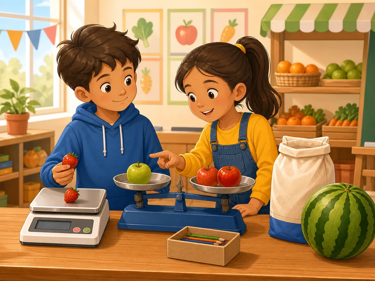 Dos escolares comparan frutas y otros objetos con balanzas en un mercado escolar