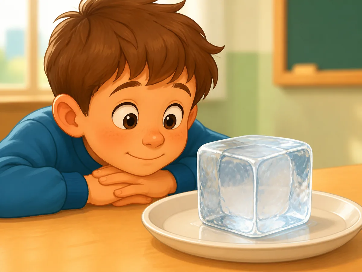 Niño observando un cubito de hielo sobre un plato