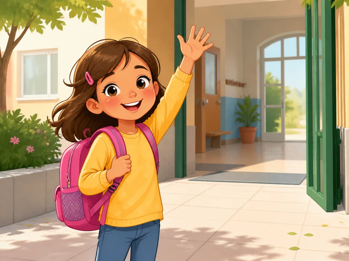 Niña saludando con la mano al llegar al colegio