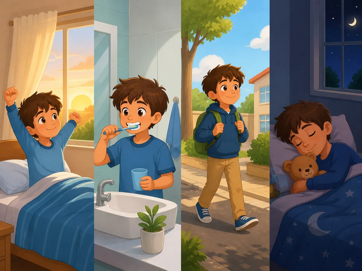 Four ordered scenes showing the same child waking up, brushing teeth, going to school and going to bed