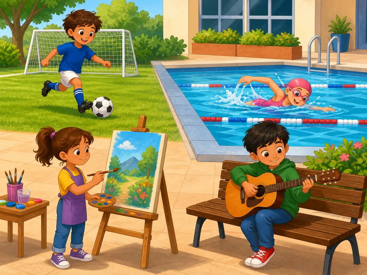 Four children playing football, swimming, painting and playing guitar in separate areas