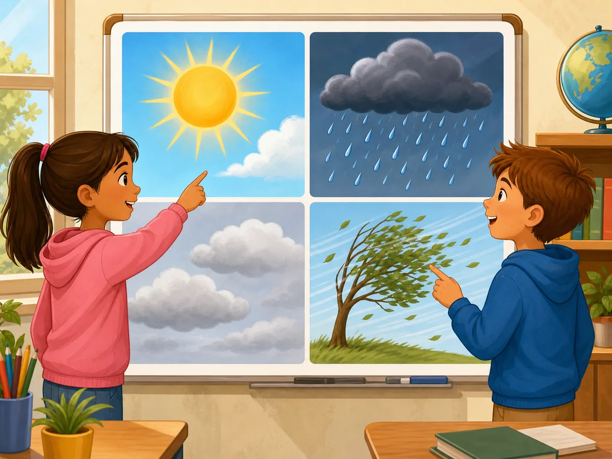 Students pointing to four clear weather panels showing sunny, rainy, cloudy and windy conditions