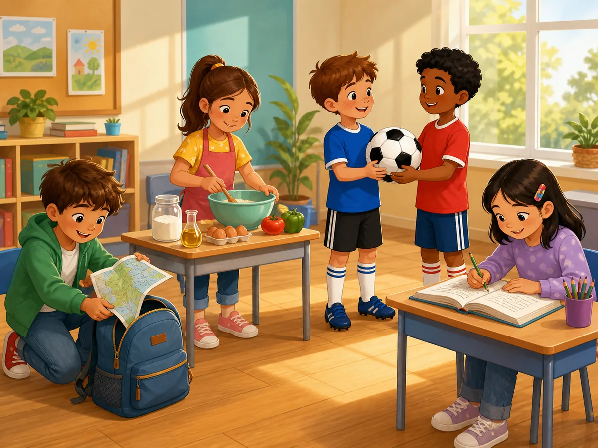 Children preparing plans to travel, cook, play football and study
