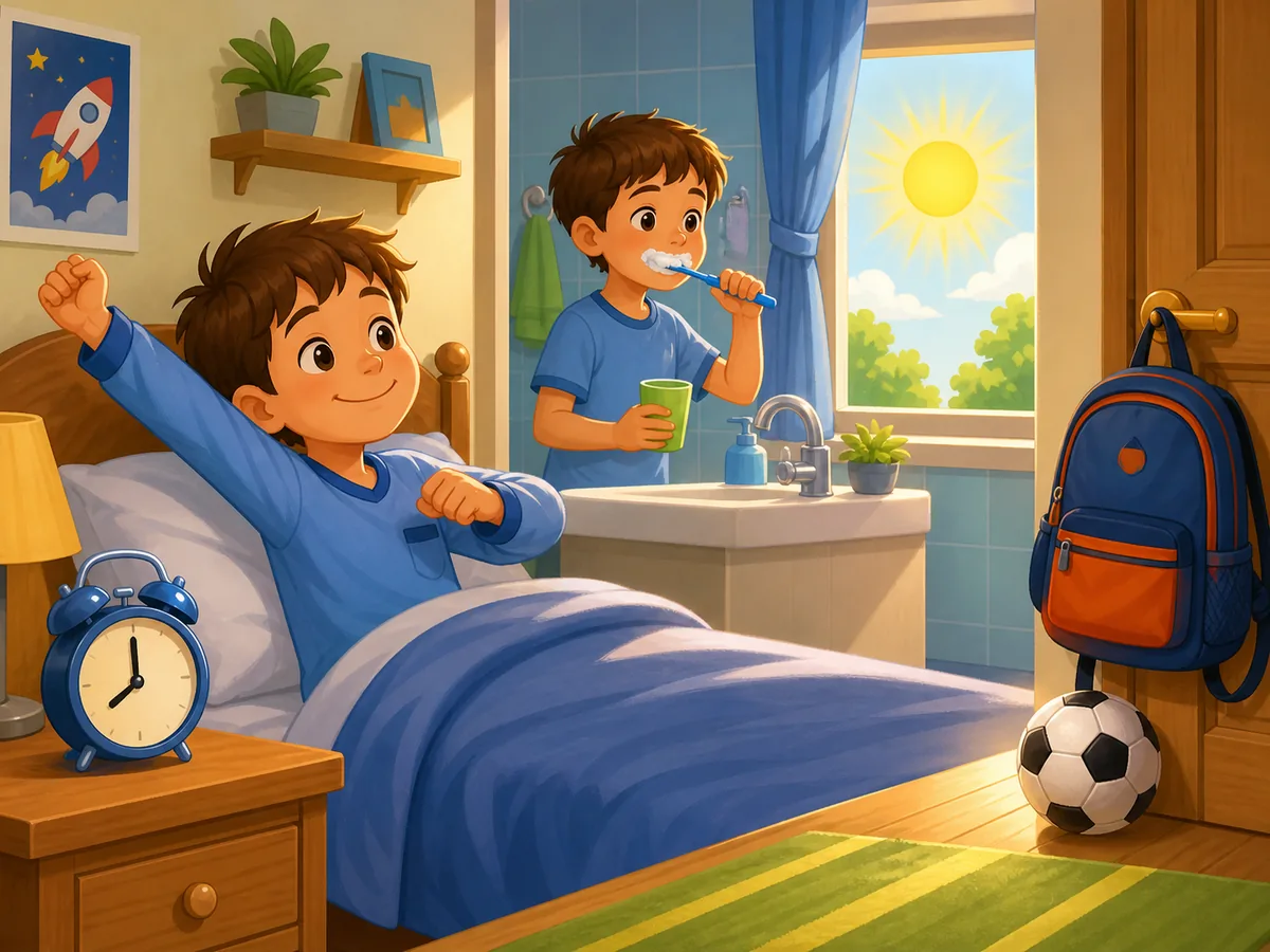 Morning routine with a child waking up, brushing teeth, a sunny window, backpack and football