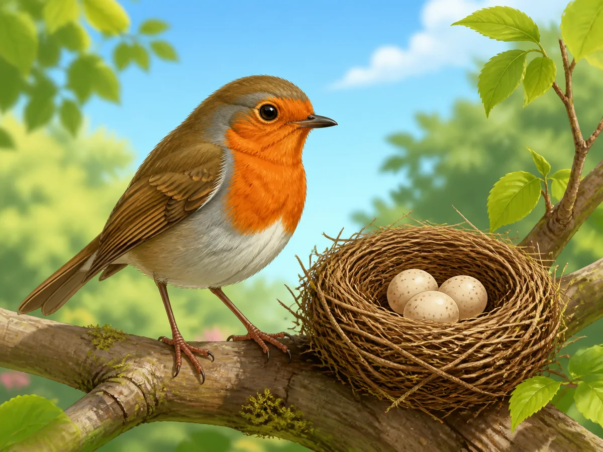 Petirrojo con plumas y alas junto a un nido con huevos