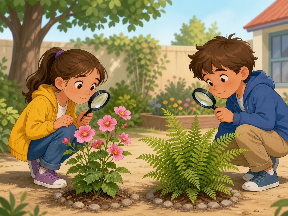 Alumnos comparando una planta con flores y un helecho sin flores