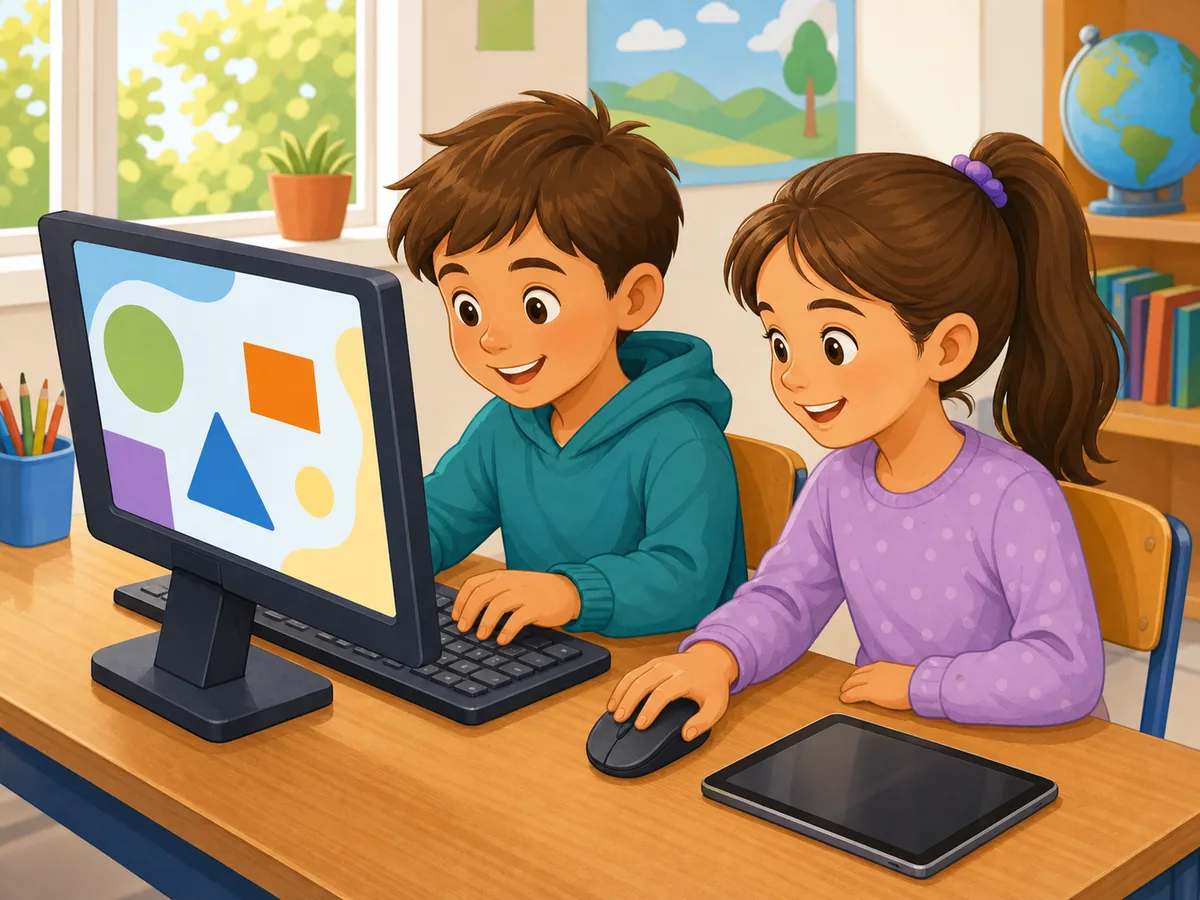 Dos escolares usan un ordenador de sobremesa con monitor, teclado y ratón claramente visibles