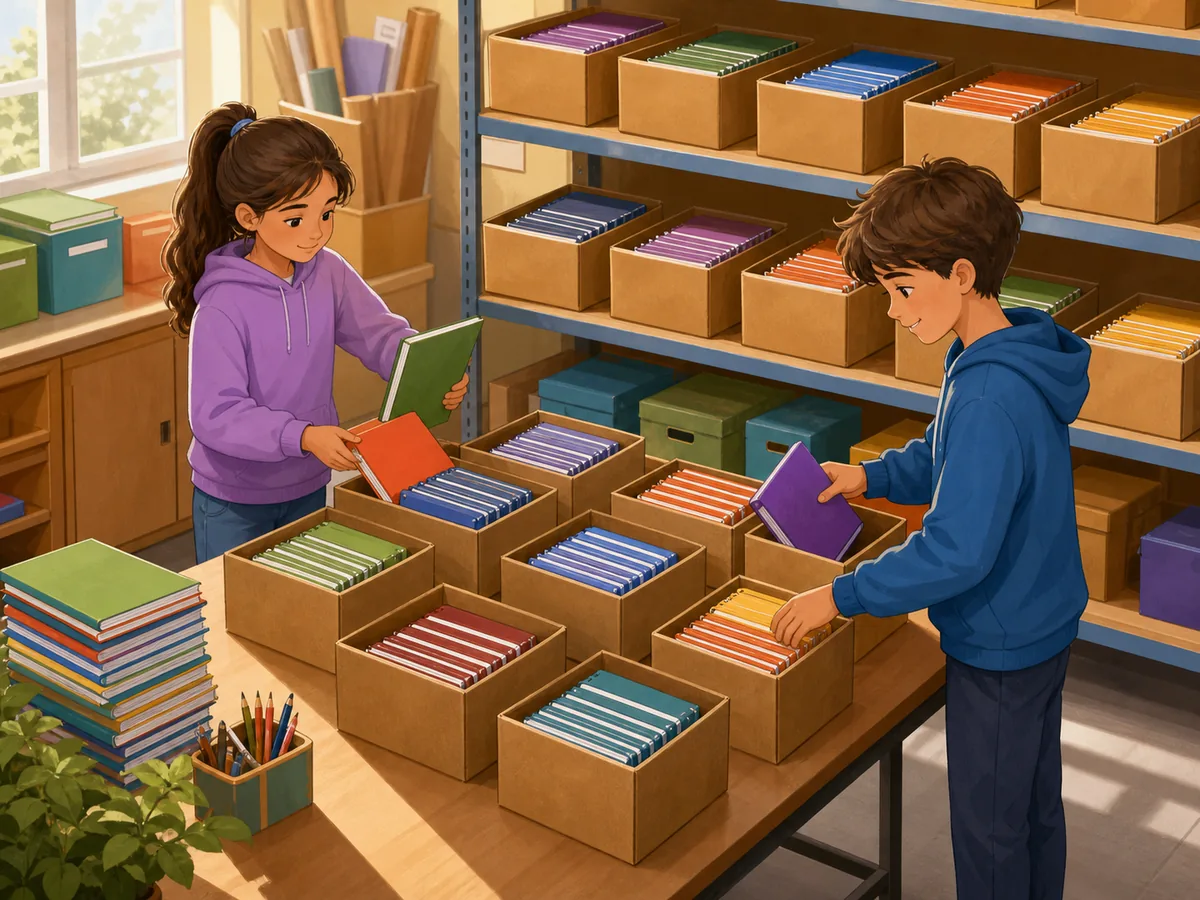 Dos escolares organizan cajas iguales de cuadernos en un almacén escolar